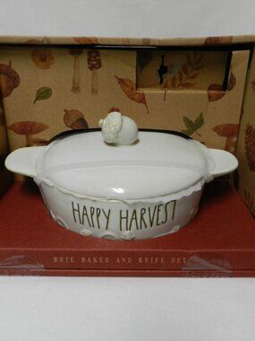 Rae Dunn NEW Happy Harvest Brie Baker and Spreader Thanksgiving 13.5 oz Lid NIB